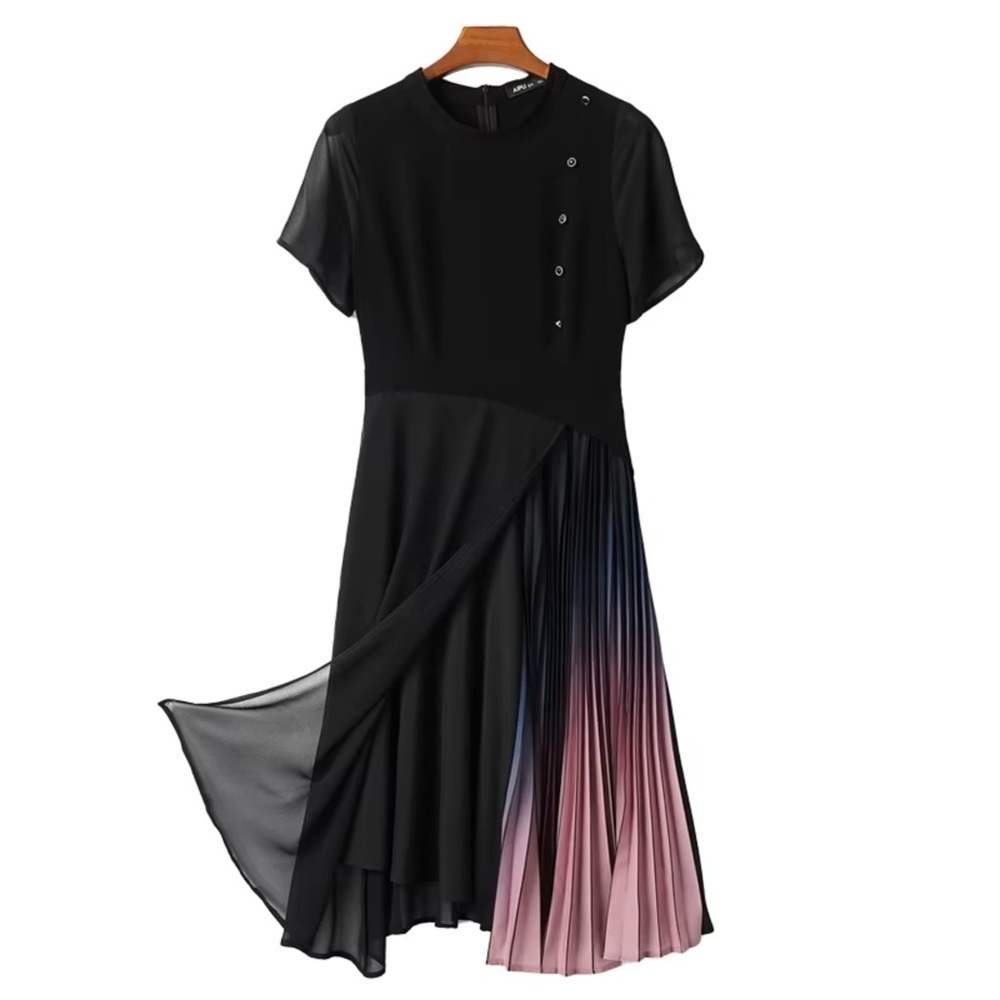 Gyalwana Dress Size XL Black and Pink Chiffon Midi Short Sleeve